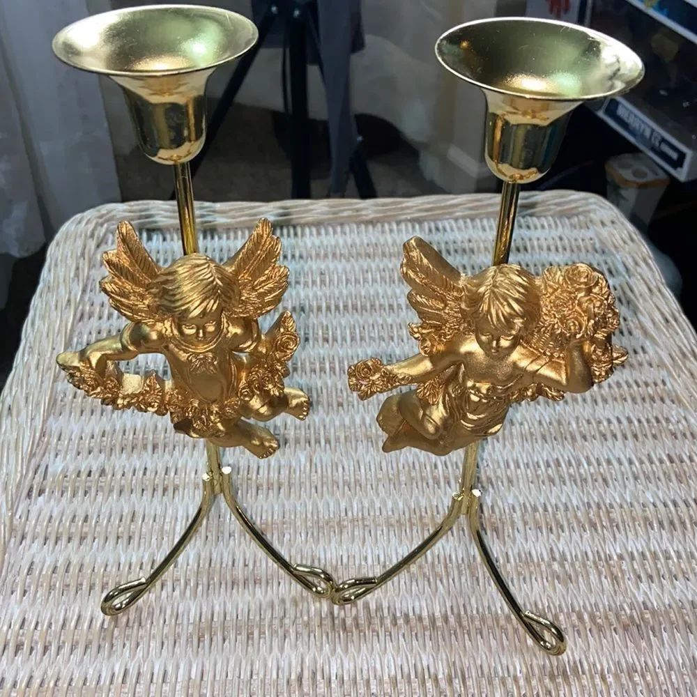 Vintage 2 Set Metal & Resin Cherub Angels Toper Candle Holder Gold